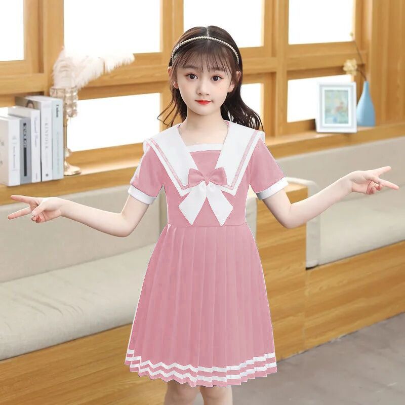 Girls short-sleeved dress summer foreign style children's princess dress Lolita JK net red navy wind little girl skirt