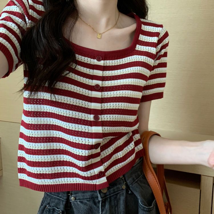 Large size ice silk striped sweater 2023 summer fat mm square collar short-sleeved top loose slim shoulder T-shirt female