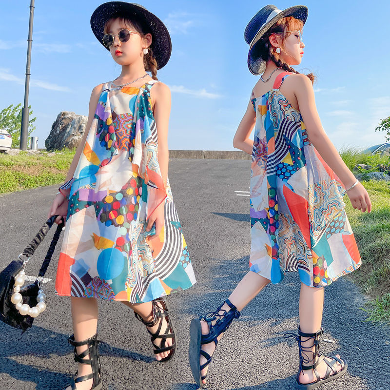 Girls' suspender dress summer new cool summer foreign style big boy chiffon ice silk princess dress 10 years old trend