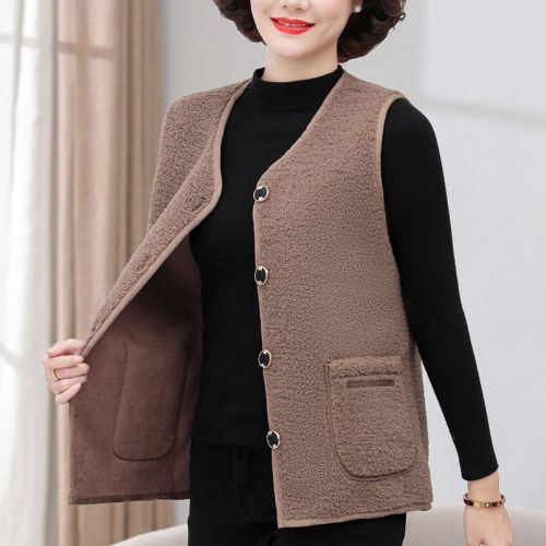 Middle-aged and elderly vest women's mothers wear waistcoat loose vest outside wearing collarless fur one spring new mandarin jacket