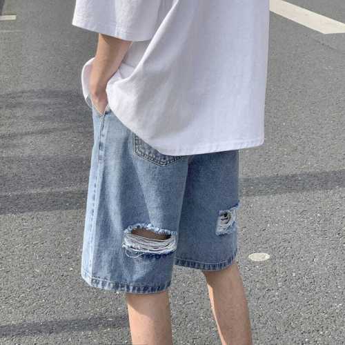 Summer ripped denim shorts men's loose outerwear pants Korean version of the trend ins all-match straight wide-leg five-point pants