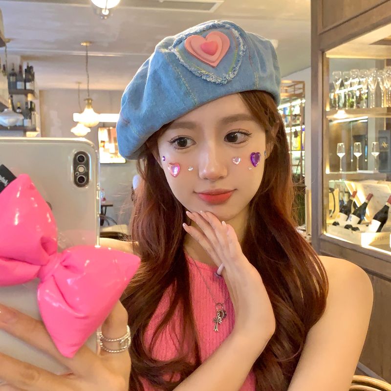At first glance~ Peach girl denim beret hat female autumn niche sweet cool street shooting ins net red artist hat