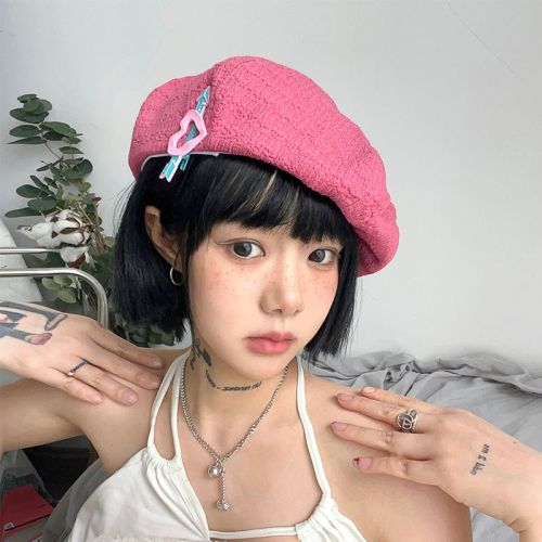 Sweet and cool girl/textured painter's hat temperament white dragon fruit color hat female beret summer thin section male