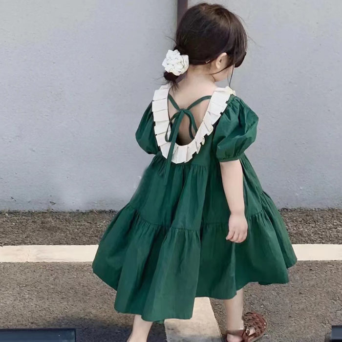 Girls green dress Korean children's clothing 2022 summer children's U-shaped collar backless Korean version short-sleeved princess dress