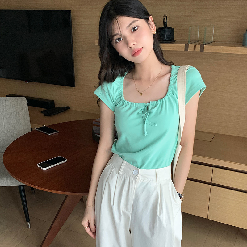 Real shot 2023 summer French style small square collar bow tie tie slim fit slim tops all-match T-shirt women