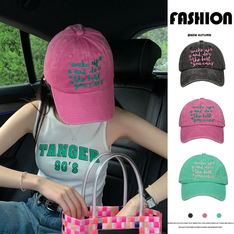 Rose red ins Korean washed cotton letter embroidery baseball hat female spring and summer street sunshade cap