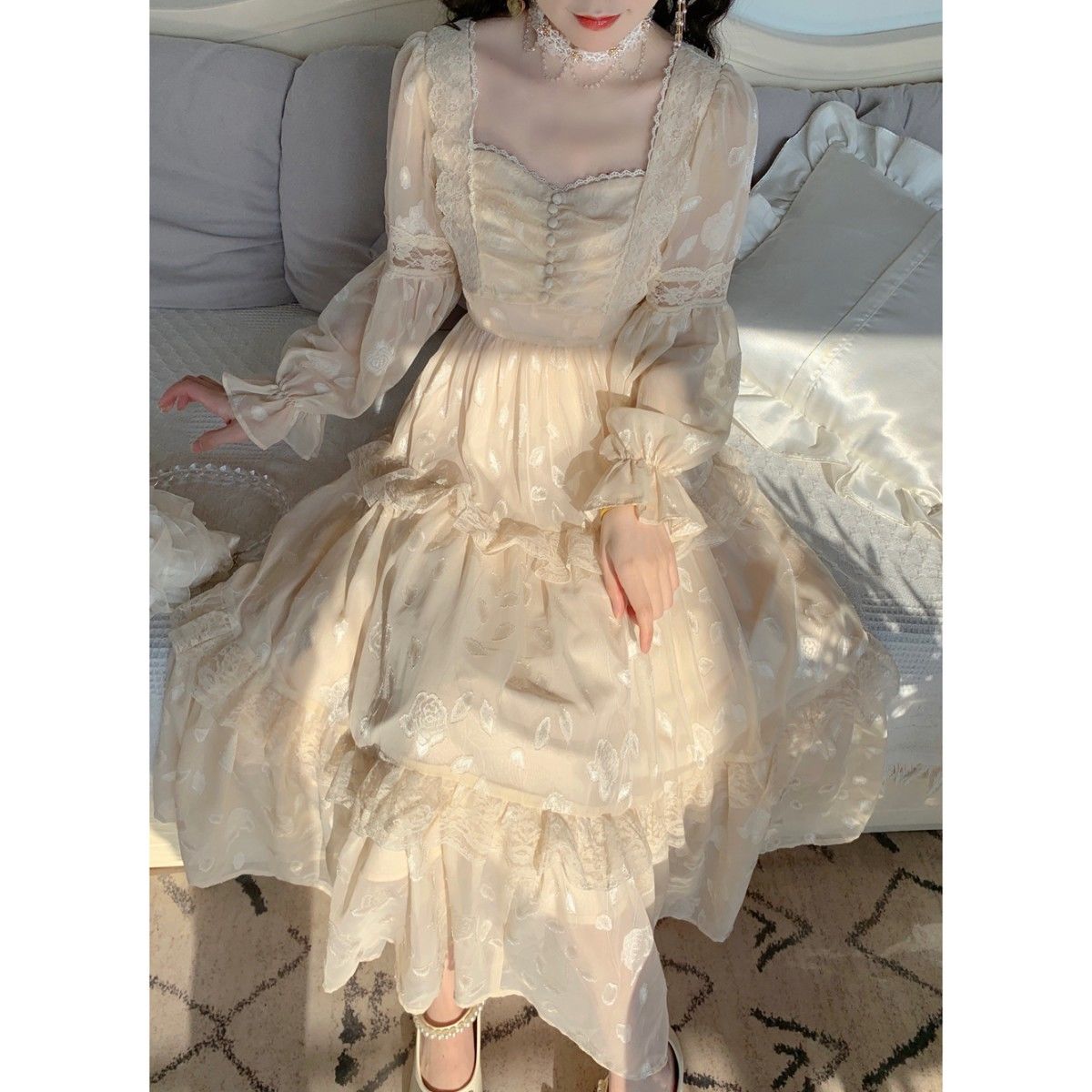 Blovelan Medieval Romantic French Court Style Gentle High Waist Lantern Sleeve Dress Spring 2022