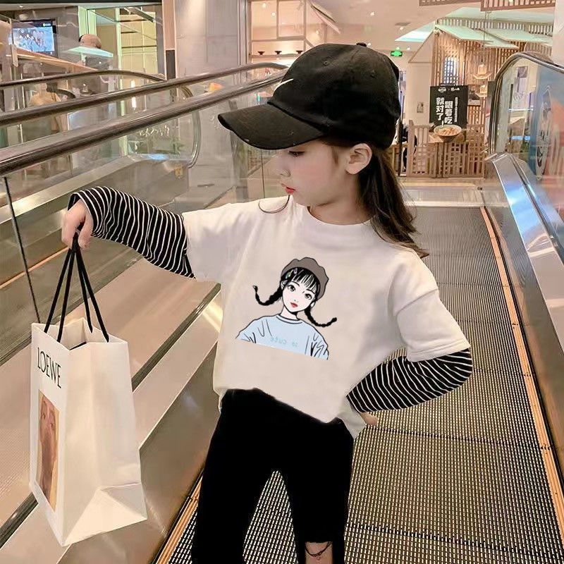 Girls long-sleeved bottoming shirt children's t-shirt spring and autumn new Korean version of the big children's striped splicing fake two-piece top