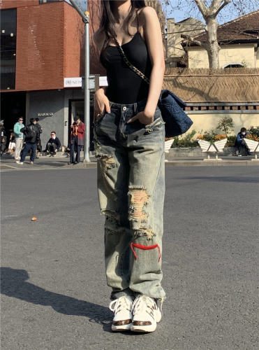 Spot real shot real price tie strapless vest female + old washed ripped jeans street straight casual pants