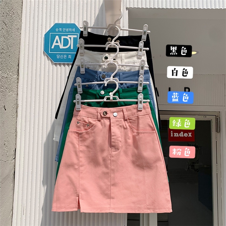 Real shot of chic retro high waist two-button slit all-match new slim denim skirt skirt