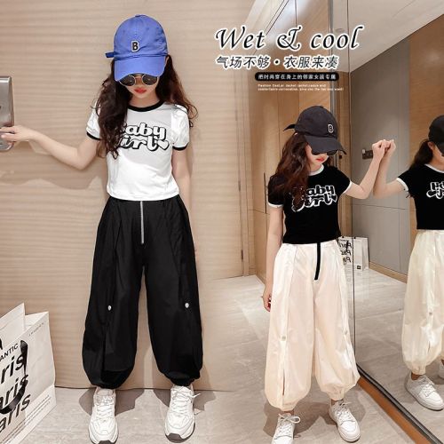 Black and white harem pants suit summer thin section foreign style new middle and big children T-shirt pants two-piece set