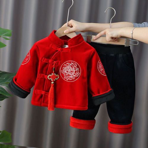 New Year's greetings baby boys and children Tang suit winter style plus velvet thickened two-piece New Year's clothing girls one-year-old catch week clothes