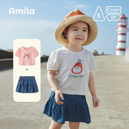 Amila children's wear 2022 summer new baby girl cotton short-sleeved T-shirt short skirt foreign style suit skin-friendly two-piece set