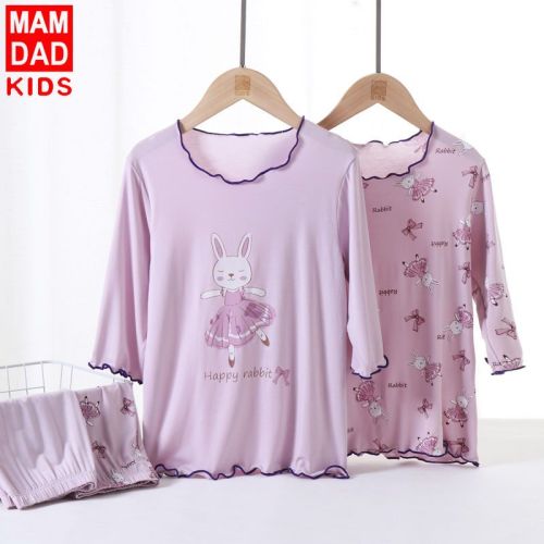 Girls' pajamas set summer thin section modal two-piece set breathable wooden ears little girl parent-child home clothes A