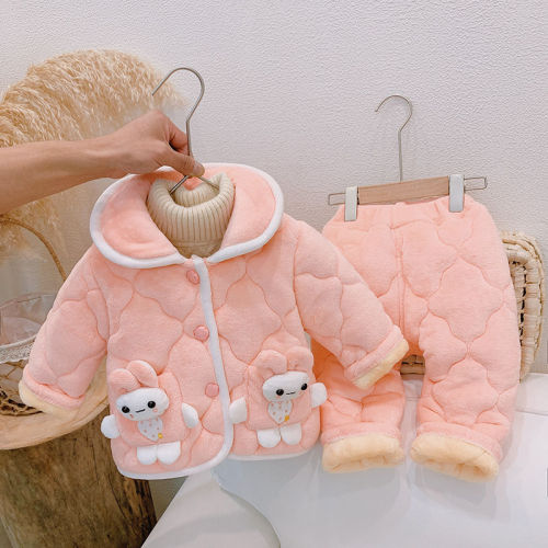 Girls 2022 winter clothes new three-layer quilted thickened pajamas set girl baby cute warm home two-piece set