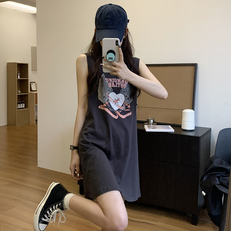 New cotton sleeveless vest nightdress summer wear mid-length student dormitory short skirt ins girl summer pajamas