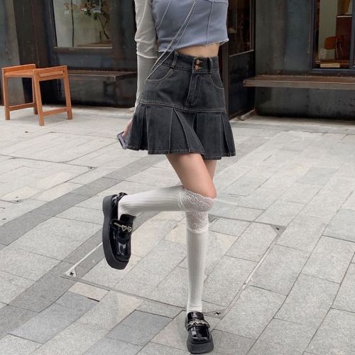 Lined denim skirt female small hot girl high waist slimming design sense niche pleated skirt A-line skirt