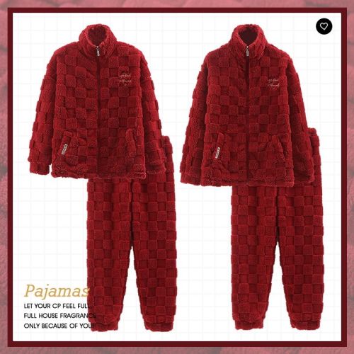 Pajamas wedding couple suit red men and women autumn and winter coral fleece zipper couple pajamas winter