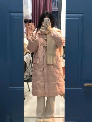 Women's 2022 winter new Korean style mid-length hooded warm cotton-padded jacket with rhombus horn buckle over the knee