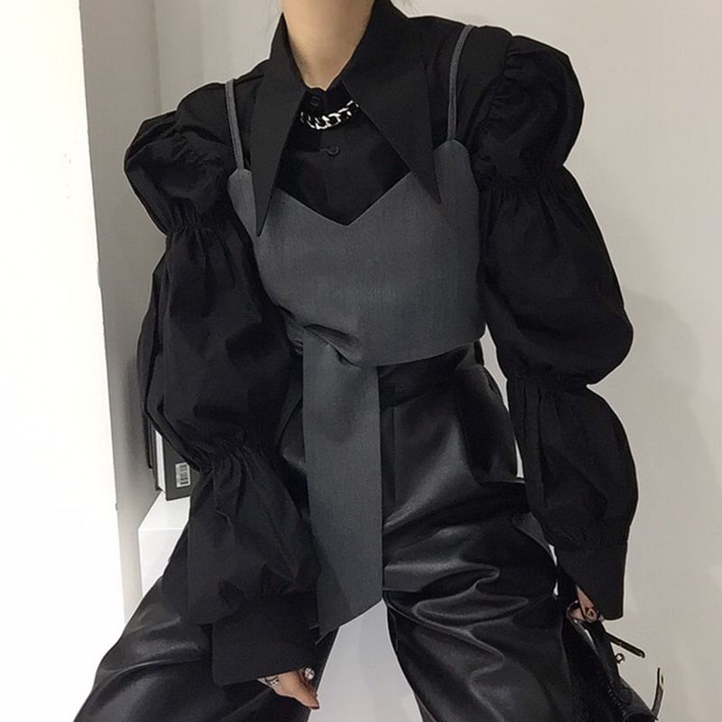 Korean chic niche retro pointed collar loose pleated lantern sleeve shirt + irregular camisole outside
