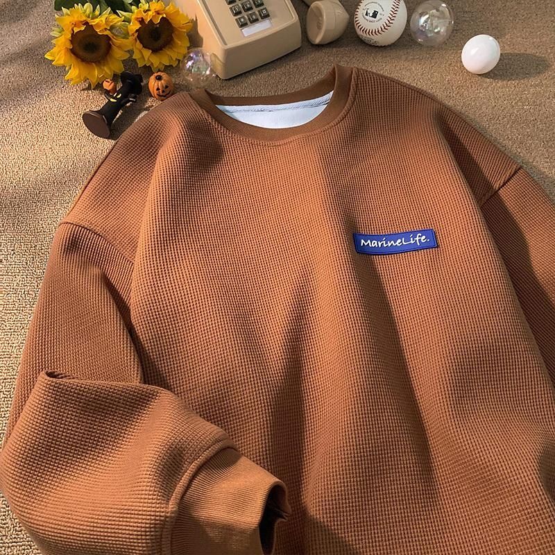 Waffle sweater men's trendy ins autumn and winter loose large size oversize coat high street heavy brown coffee top