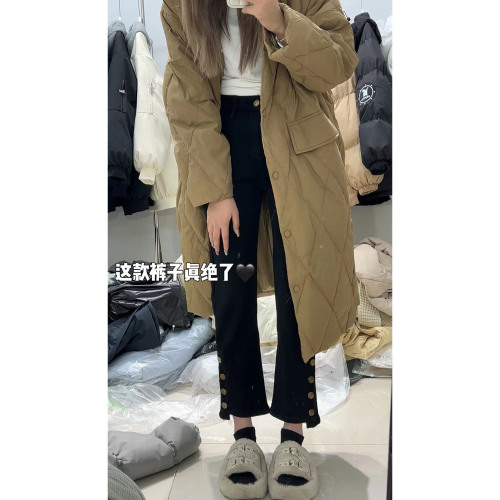Fashionable all-match trousers button plus velvet jeans women's autumn and winter models large size high waist slim and high nine-point cigarette pants