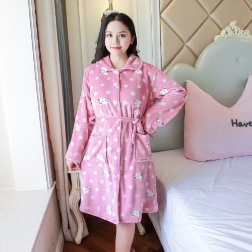 Coral fleece pajamas women's winter nightgown thickened long button bathrobe cute long-sleeved flannel nightdress home service
