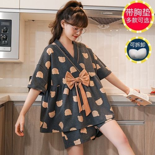 Women's pure cotton short-sleeved shorts pajamas cute bear summer thin section Japanese kimono home service suit cartoon new