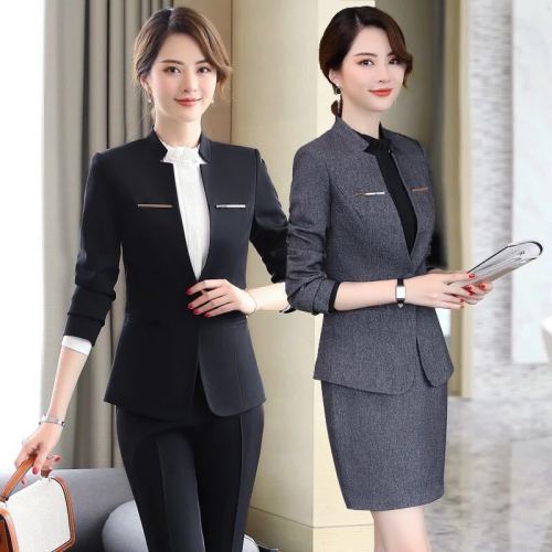 Professional suit ladies work clothes stand-up collar long-sleeved black small suit women's jacket formal suit beautician suit
