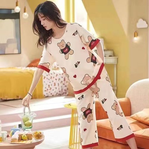 100% cotton pajamas women's summer short-sleeved cropped pants suit loose large size shorts can be worn outside casual home clothes