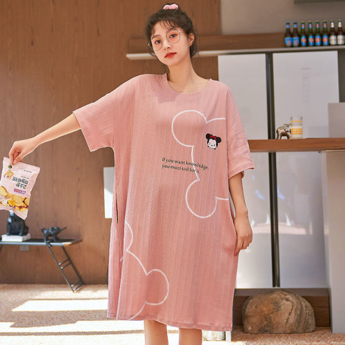New nightdress women's summer short-sleeved pure cotton Korean student casual pajamas women's mid-skirt cute thin section home service large size