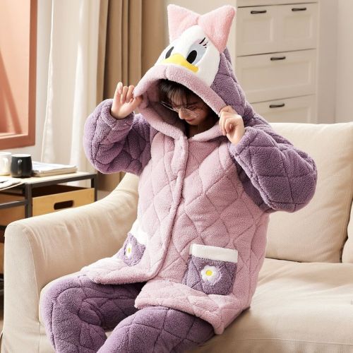 Coral fleece pajamas women's winter three-layer quilted can be worn outside thickened plus velvet student dormitory flannel home service suit
