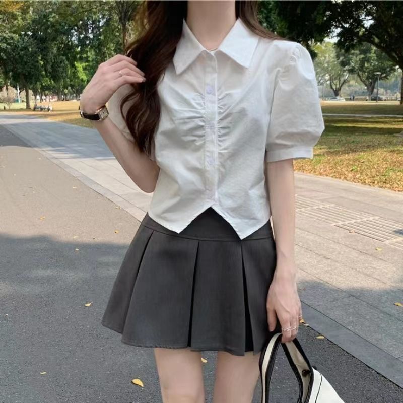 White shirt women's summer new college style bubble short-sleeved shirt wrinkled irregular short top women
