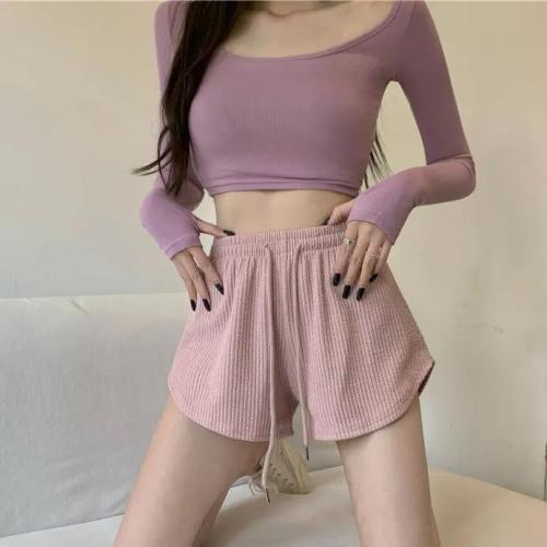 Drawstring sports pants women's spring and summer  new waffle loose slim hot girl casual hot pants wide-leg pants