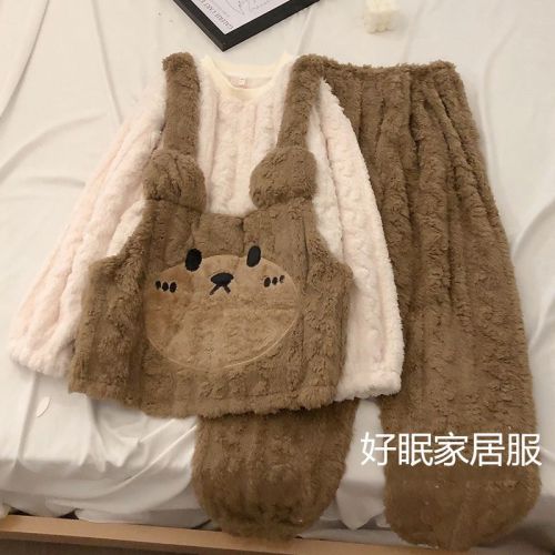 Pajamas women's autumn and winter thickened coral fleece cute strap bear Korean version of the new flannel plus velvet home service suit