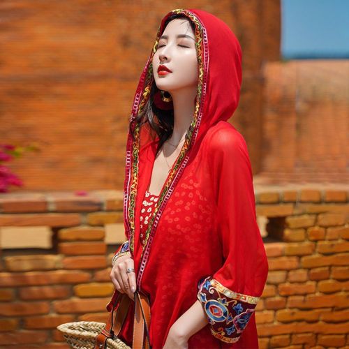 Seaside vacation ethnic style chiffon shirt hooded sun protection clothing women's shawl travel photo super fairy elegant long cardigan