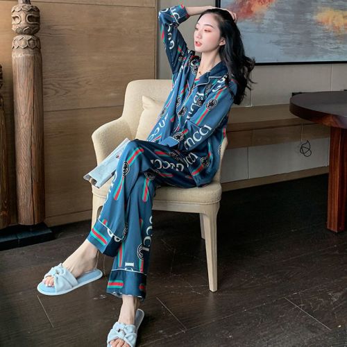 M-5XL pajamas women's spring and autumn ice silk long-sleeved Korean version cute two-piece suit sexy large size summer home service