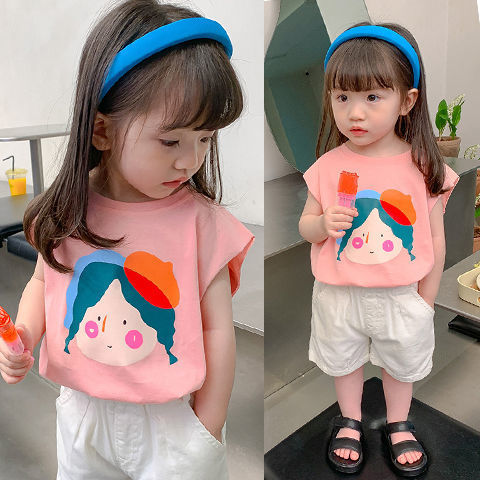 Girls sleeveless vest cotton t-shirt summer thin section short-sleeved top baby small and medium children's clothing children's outerwear vest tide