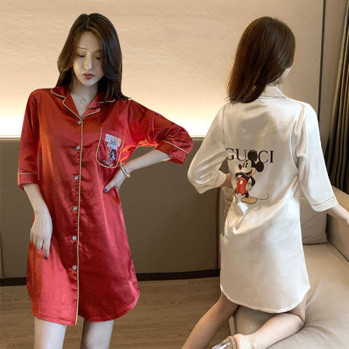 Korean version of nightdress female Xia Bingsi thin section sexy mid-length boyfriend style shirt sentimental clothing men loose large size pajamas