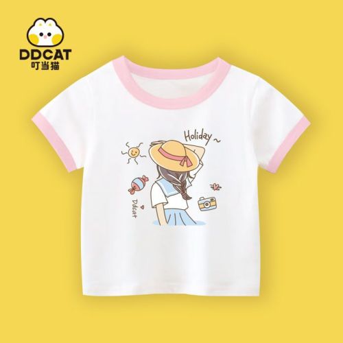 Ding Dong cat pure cotton girls summer t-shirt short-sleeved foreign style cute baby clothes baby tops half-sleeved T-shirt