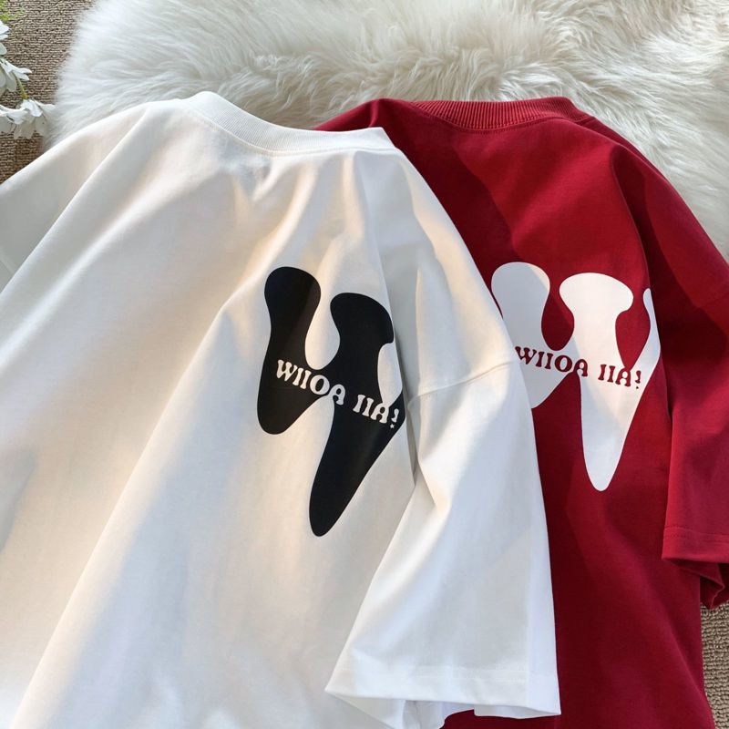 100% cotton top clothes loose simple short-sleeved t-shirt men's ins trendy brand summer new letter couple dress half-sleeved
