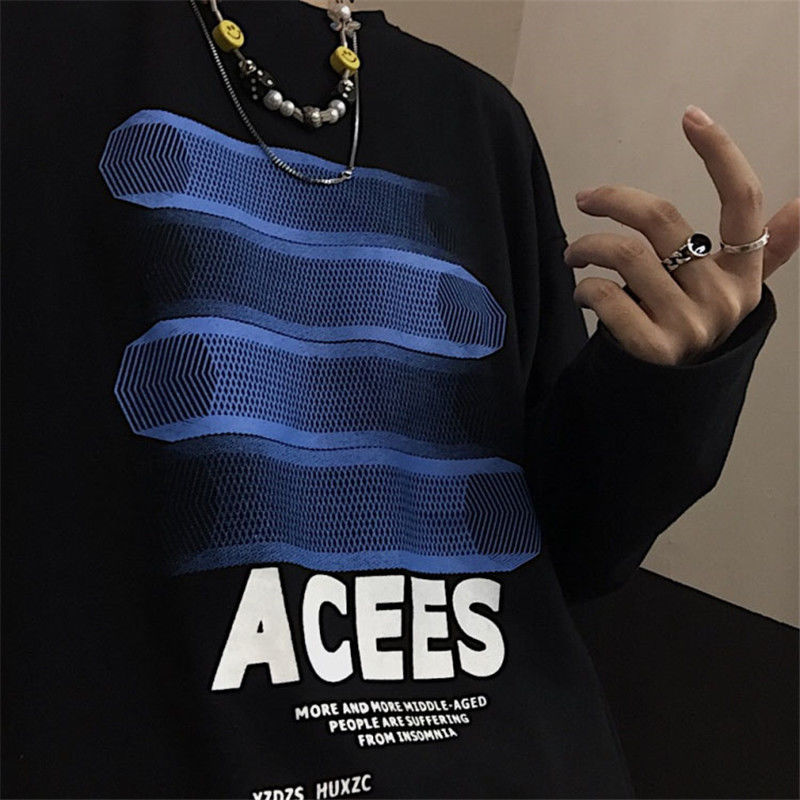 Early autumn jacket men's Korean version of ins trend gradient printing loose long-sleeved t-shirt wild black bottoming shirt men and women tide