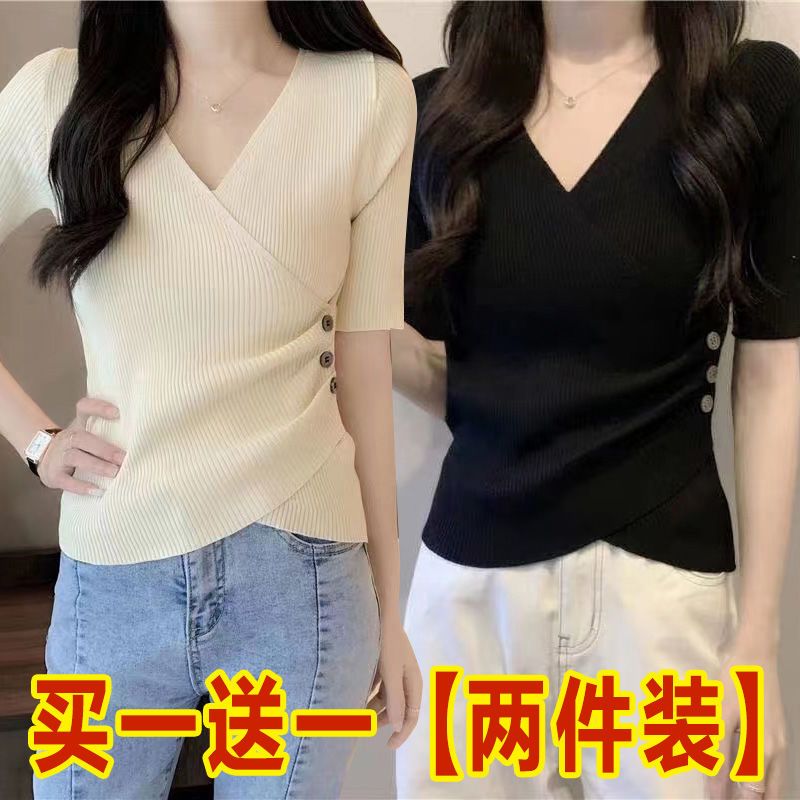 Single/two-piece 2023 new summer temperament ins sexy slim short-sleeved design sense v-neck thin top women