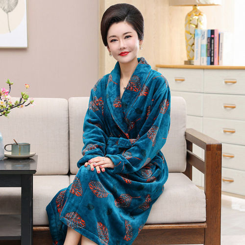 Flannel middle-aged mother autumn and winter warm pajamas nightgown mid-length long-sleeved elderly loose plus size fat MM