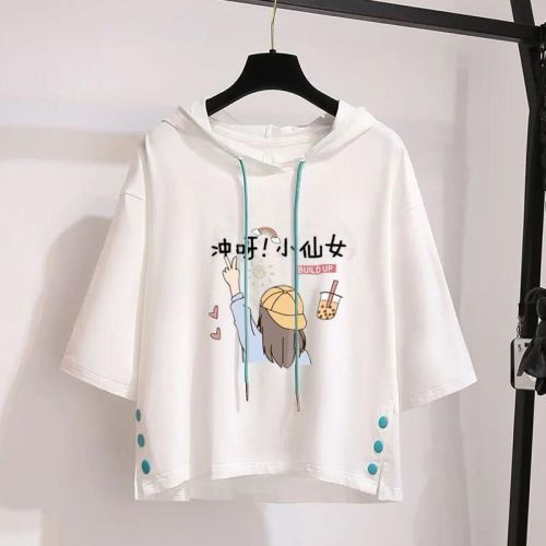 Cotton short-sleeved T-shirt children's clothes girls summer clothes  new hooded foreign style big children's tops bottoming shirts
