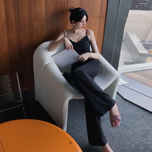 [Spot] 2023 black commuter wide-leg pants casual suspender jumpsuit women's slim and thin personality daily wear