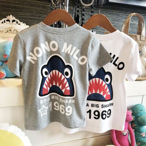 100% cotton children's clothing 2022 summer new shark print children boys and girls short-sleeved T-shirt students parent-child clothing