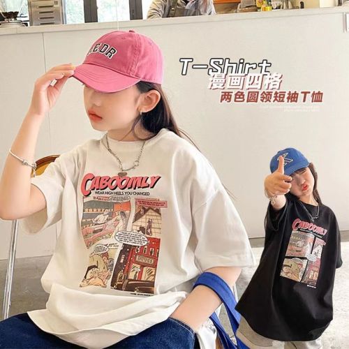 Summer girls' t-shirt  new Hong Kong style cartoon American style middle-length tide half-sleeve fashion middle-aged children's t-shirt girl