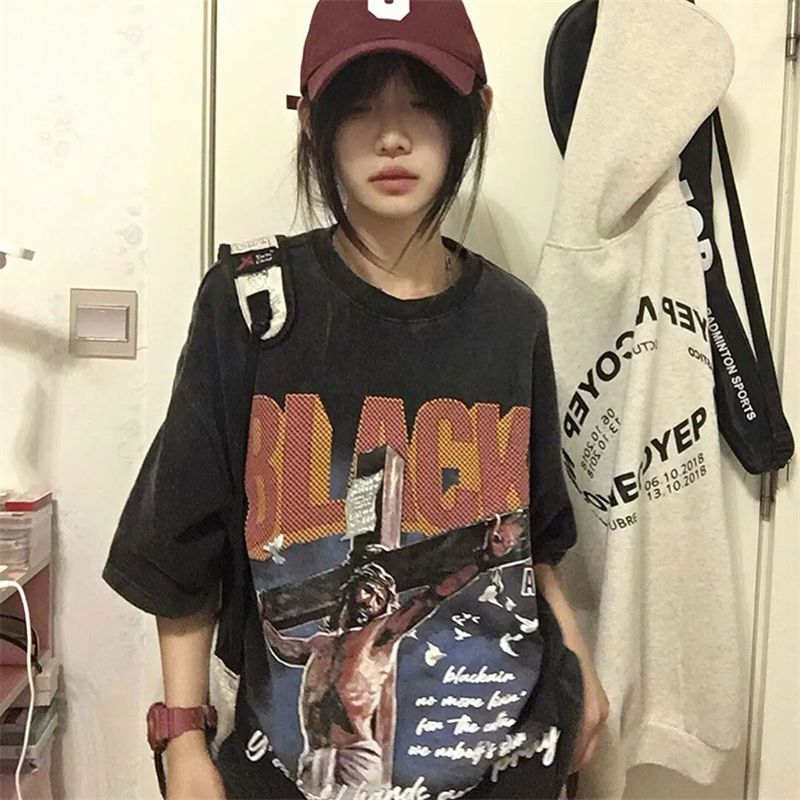American retro old washed short-sleeved T-shirt women's summer tide brand street printing loose couple tee top tide