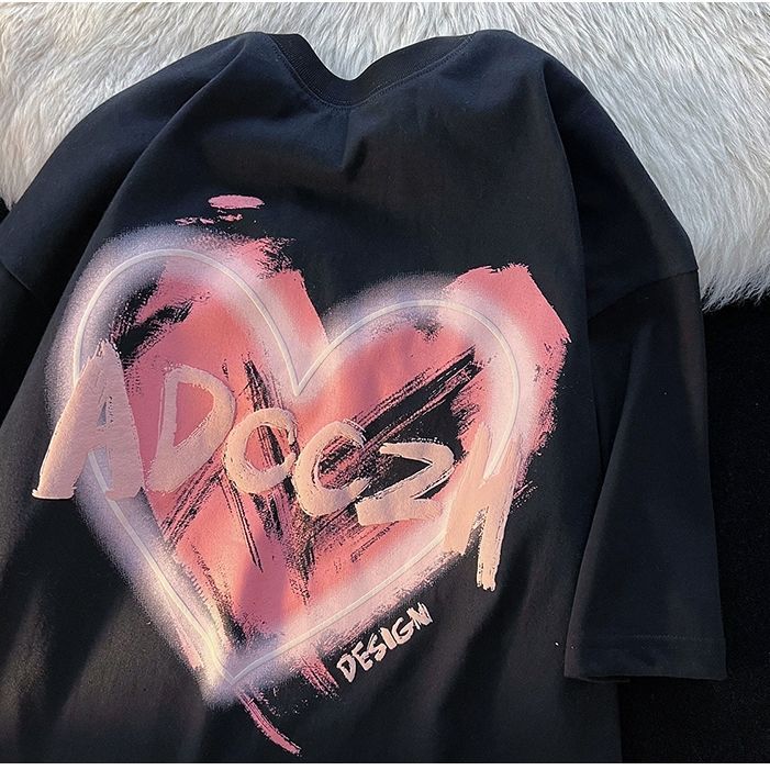 Pure cotton short-sleeved love print t-shirt summer loose national tide design sense simple ins trend couple half-sleeved
